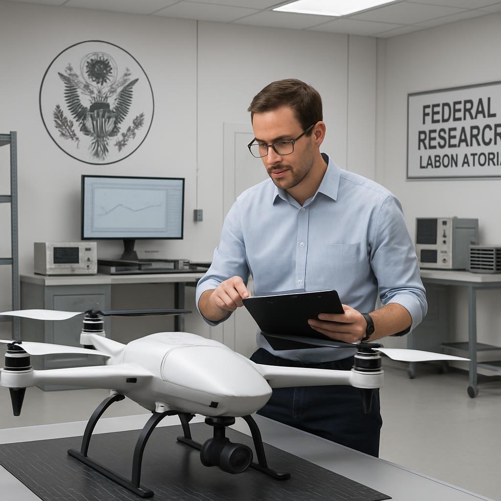 A man in a light blue shirt examines a model drone on a desk in a research lab, likely analyzing or testing the device.
