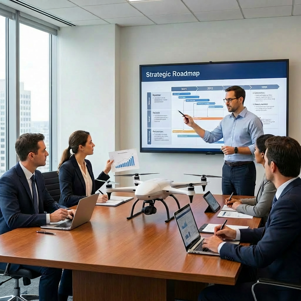A professional presenting a strategic roadmap to colleagues in a meeting room featuring a drone.
